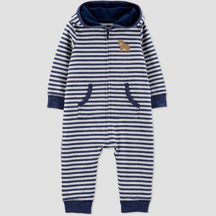 Baby Boys' 1pc French Terry Stripe Bear Hood Jumpsuit - Just One You Made By Carter's Blue
