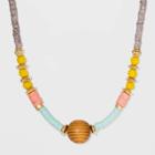 Petitetan, Yellow, Coral And Blue Wood Beaded Short Necklace - A New Day , Blue/pink/tan