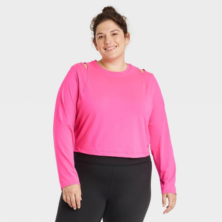Women's Plus Size Long Sleeve Cropped Top - All In Motion Neon Pink