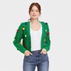 Mighty Fine Women's Holiday Pom Pom Graphic Cardigan - Green
