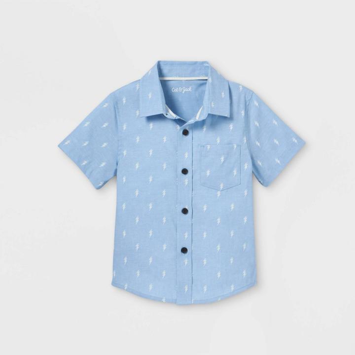 Toddler Boys' Lightning Bolt Print Woven Poplin Short Sleeve Button-down Shirt - Cat & Jack Blue