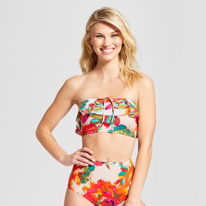Sea Angel Women's Floral Flounce Bandeau Bikini Top - Pine Grove/cream