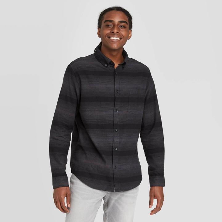 Men's Standard Fit Long Sleeve 1-pocket Flannel Button-down Shirt - Goodfellow & Co Black