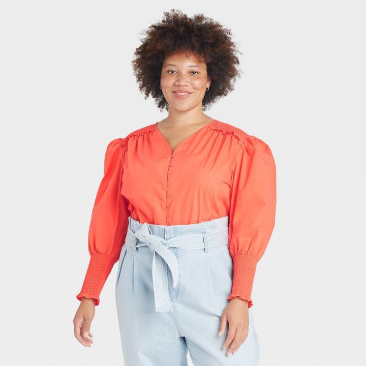 Women's Plus Size Long Sleeve Smocked Poplin Top - A New Day Coral