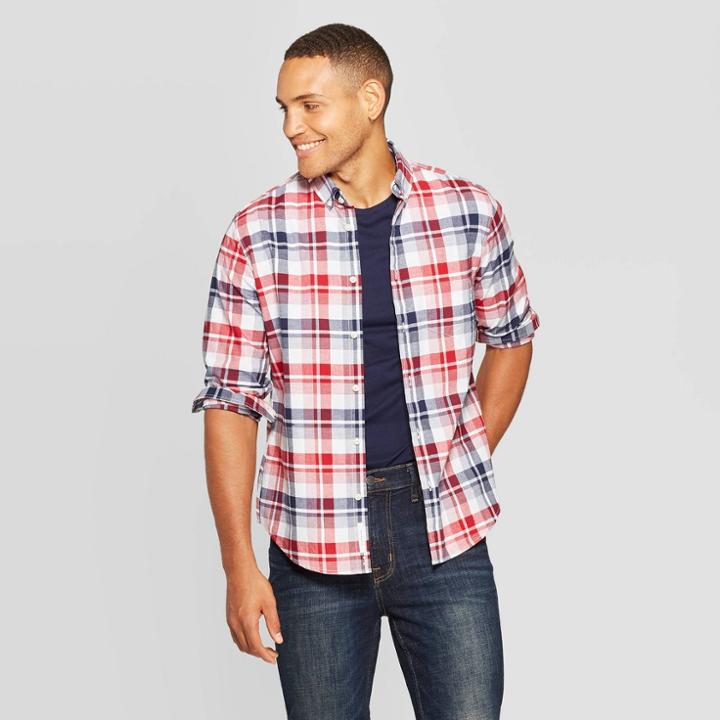 Men's Standard Fit Long Sleeve Northrop Poplin Button-down Shirt - Goodfellow & Co Red Velvet S, Men's,