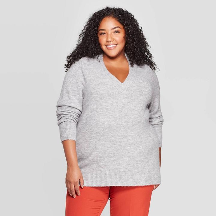 Women's Plus Size Oversized Long Sleeve V-neck Tunic Sweater - A New Day Light Heather Gray 2x, Size: 2xl, Light Grey Gray