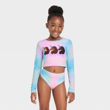 Girls' 2pc Afro Unicorn Long Sleeve Rash Guard Swimwear