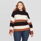 Women's Plus Size Striped Long Sleeve Mock Turtleneck Pullover Sweater - Universal Thread Brown