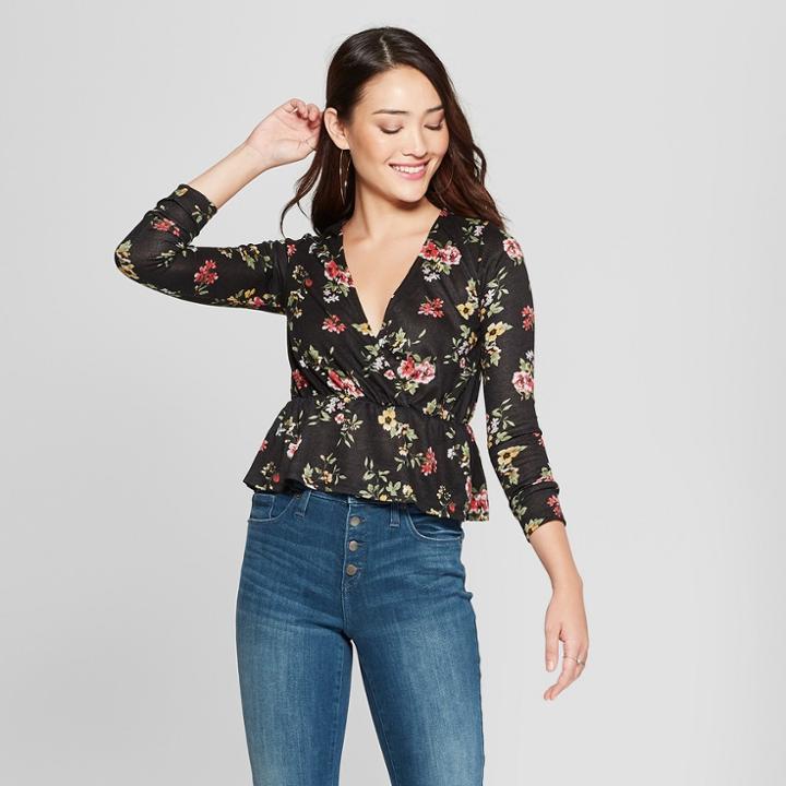 Women's Floral Print Long Sleeve V-neck Peplum Top - Soul Cake (juniors') Black