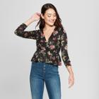 Women's Floral Print Long Sleeve V-neck Peplum Top - Soul Cake (juniors') Black