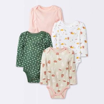 Baby Girls' 4pk Forest Love Long Sleeve Bodysuit - Cloud Island Olive Green Newborn