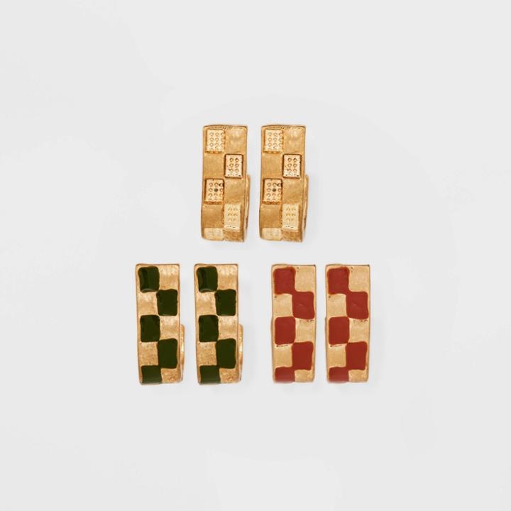 Checkerboard J Hoop Earring Set 3pc - Universal Thread Red/gold/black