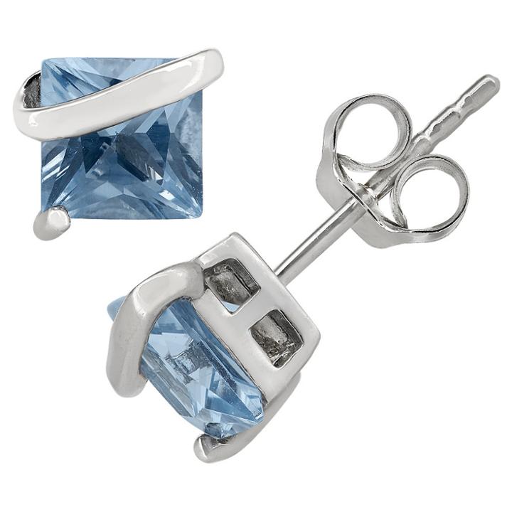Tiara Princess-cut Aquamarine Stud Earrings In Sterling Silver, Women's