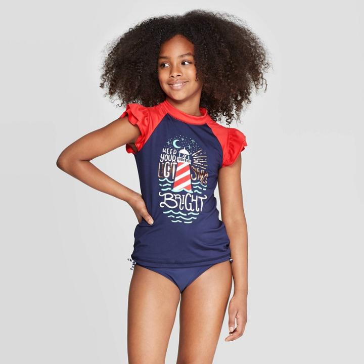 Girls' Ruffle Sleeve Graphic Rash Guard - Cat & Jack Navy L Plus, Girl's, Size: Large