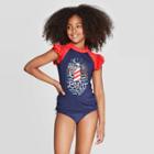 Girls' Ruffle Sleeve Graphic Rash Guard - Cat & Jack Navy L Plus, Girl's, Size: Large