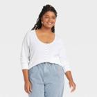 Women's Plus Size Long Sleeve Henley Neck Pointelle Shirt - Universal Thread White
