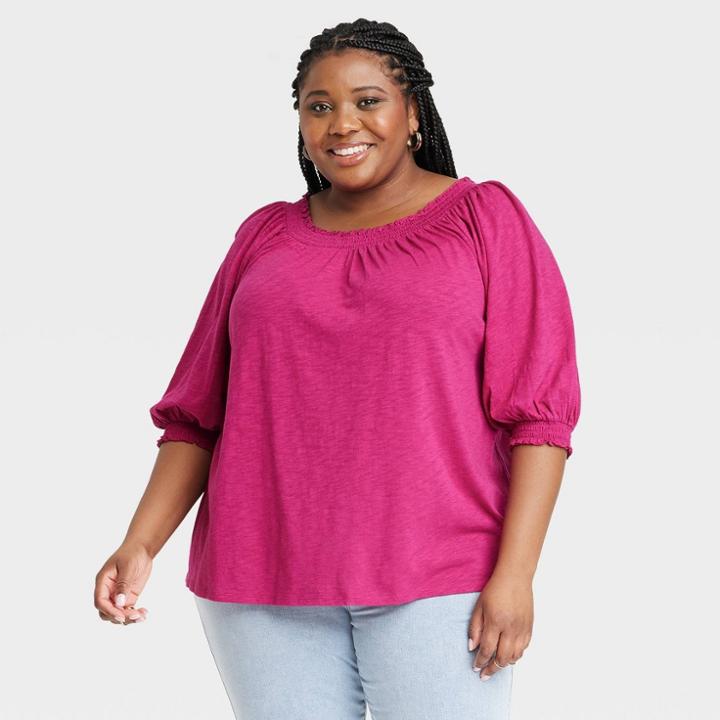 Women's Plus Size Bishop 3/4 Sleeve Smocked Top - Knox Rose Magenta