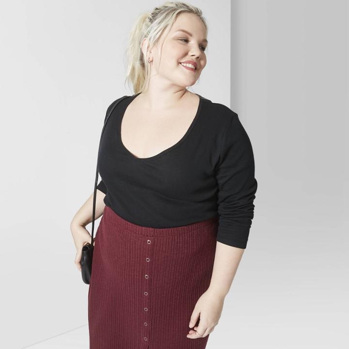 Women's Plus Size Long Sleeve V-neck T-shirt - Wild Fable Black