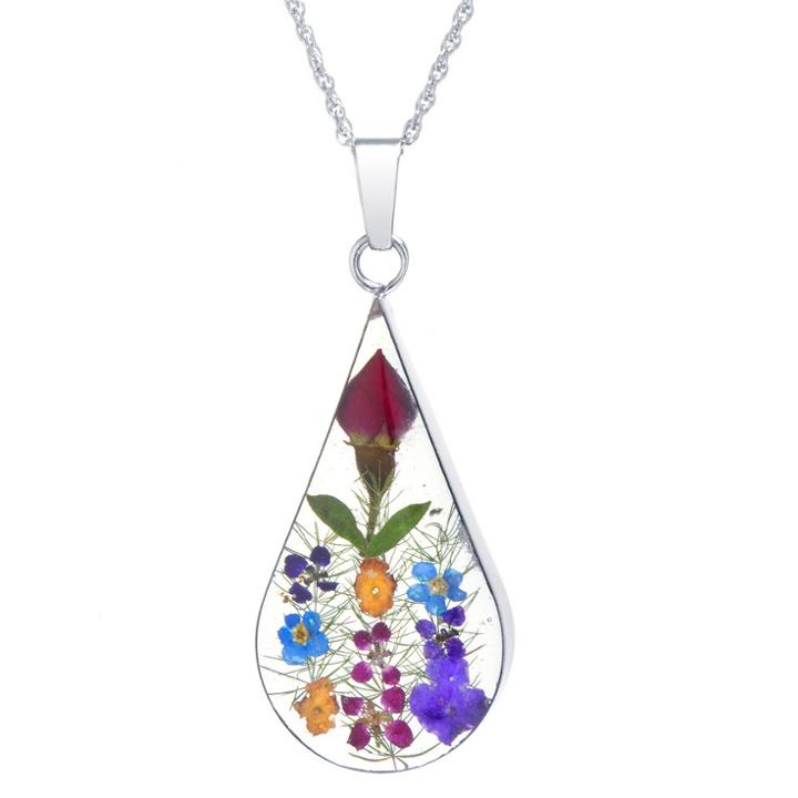 Distributed By Target Women's Sterling Silver Pressed Flowers Teardrop Pendant (18),