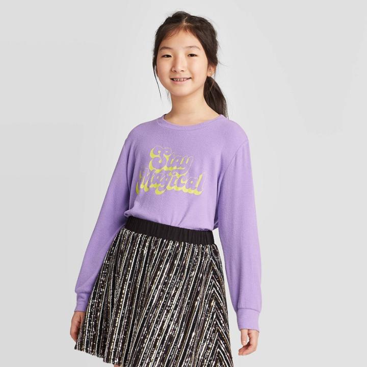 Girls' Long Sleeve Waffle Knit Glow In The Dark Top - Art Class Purple