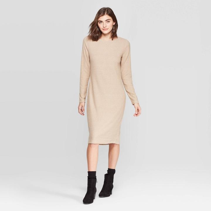 Women's Long Sleeve Crewneck Rib Knit Dress - A New Day Oatmeal