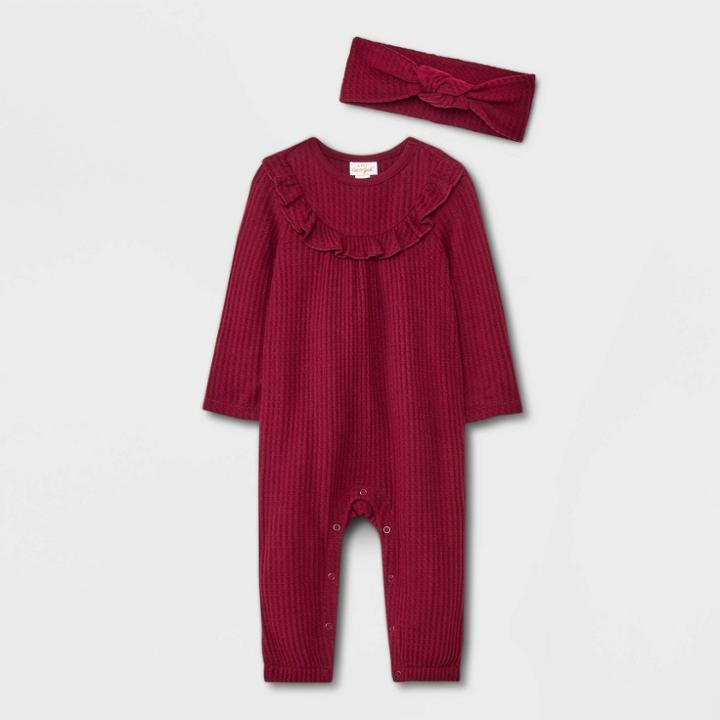 Baby Girls' Ruffle Yoke Cozy Waffle Romper - Cat & Jack Burgundy Newborn, Red