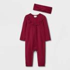 Baby Girls' Ruffle Yoke Cozy Waffle Romper - Cat & Jack Burgundy Newborn, Red