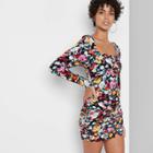 Women's Floral Print Long Sleeve Velvet Ruched Bodycon Dress - Wild Fable Xs,