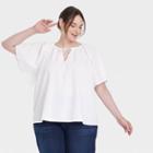 Women's Plus Size Flounce Short Sleeve V-neck Popover Top - A New Day White