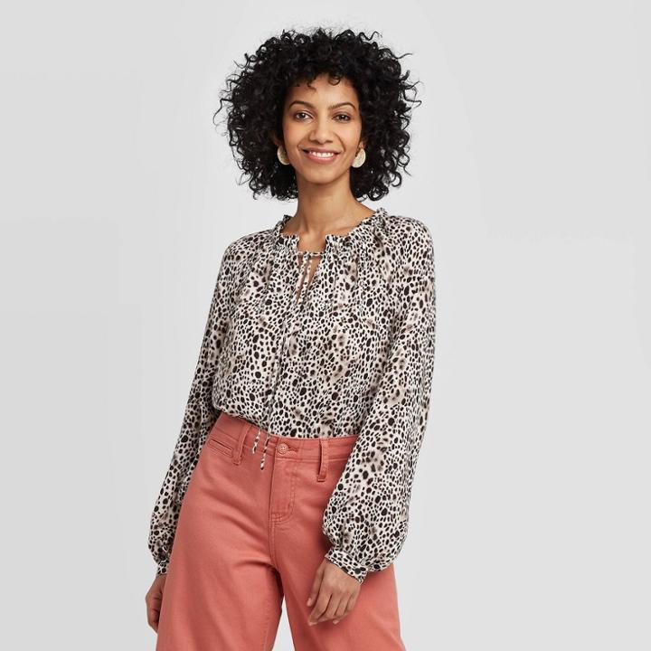 Women's Regular Fit Leopard Print Bishop Long Sleeve Collared Blouse - A New Day White/black
