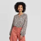 Women's Regular Fit Leopard Print Bishop Long Sleeve Collared Blouse - A New Day White/black
