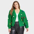 Mighty Fine Women's Plus Size Holiday Pom Pom Graphic Cardigan - Green