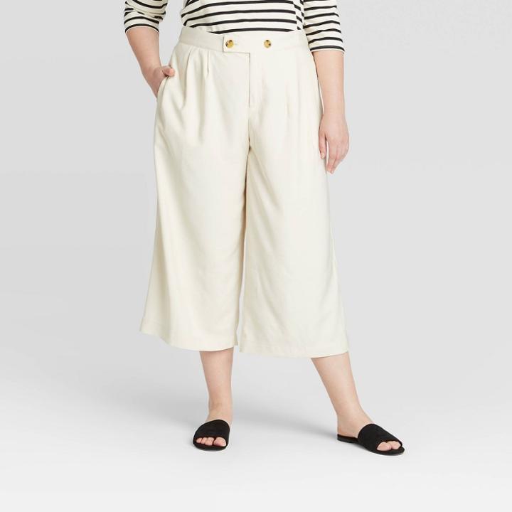 Women's Plus Size Mid-rise Pleat Front Wide Leg Cropped Trouser - Who What Wear Off White 14w, Women's, Beige