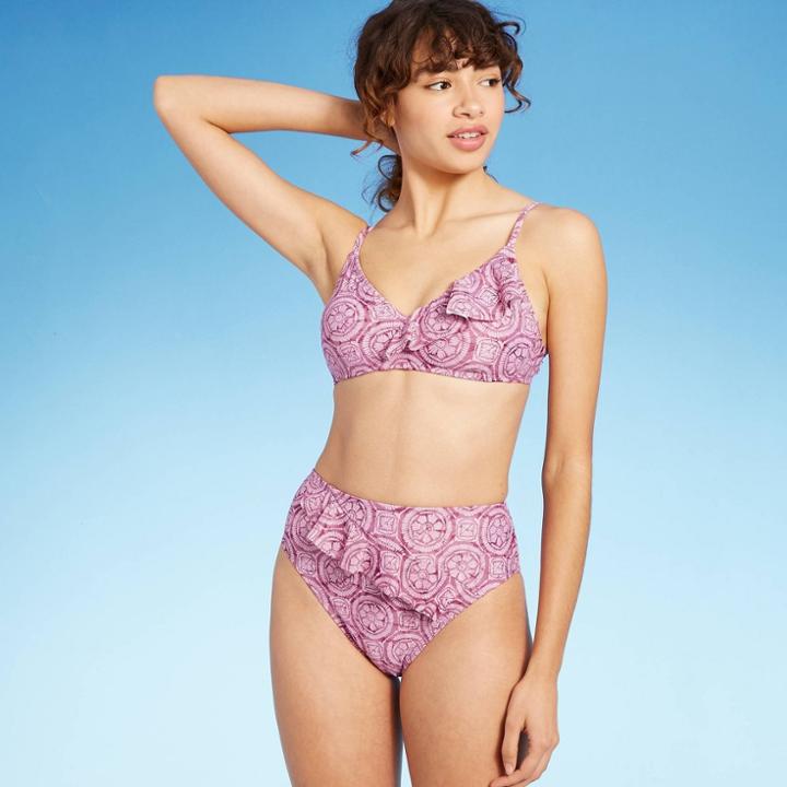 Women's Asymmetrical Ruffle Front Bralette Bikini Top - Shade & Shore Mauve Tile Print