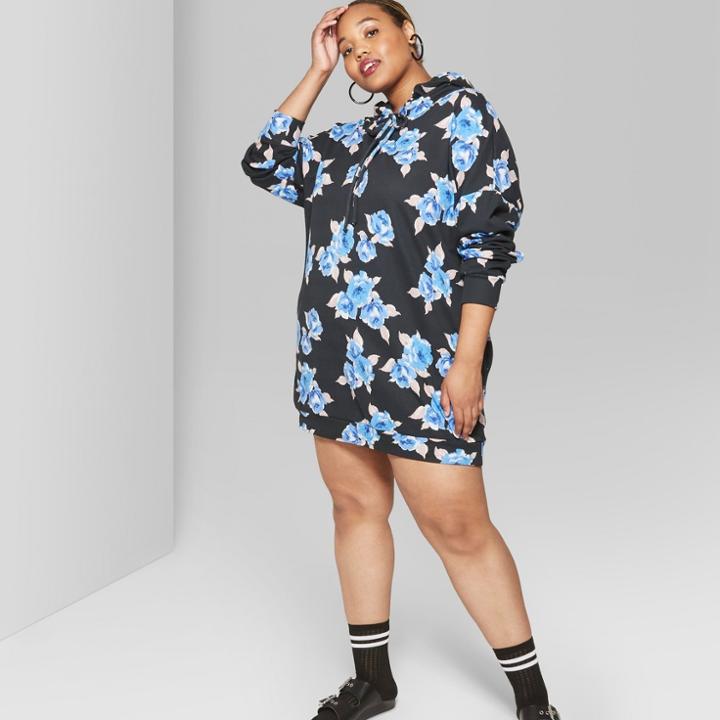 Women's Plus Size Long Sleeve Floral Hooded Sweatshirt Dress - Wild Fable Black/blue