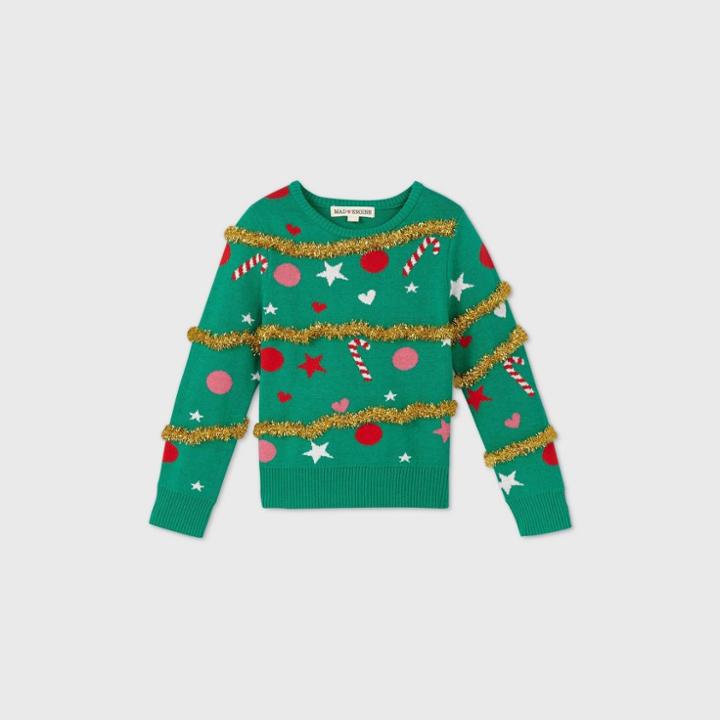 Mad Engine Toddler Girls' Christmas Tree Ugly Christmas Sweater - Green