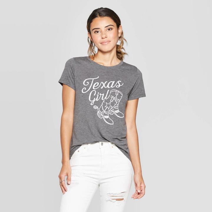 Women's Short Sleeve Crewneck Texas Girl Cowboy Boots Graphic T-shirt - Awake Gray