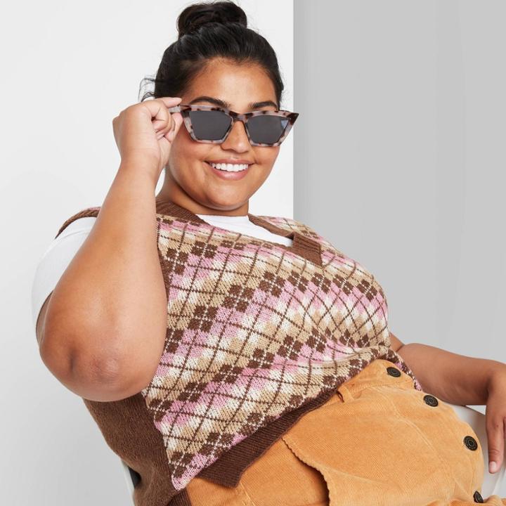 Women's Plus Size V-neck Printed Sweater Vest - Wild Fable Brown Argyle
