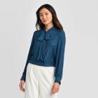 Women's Regular Fit Long Sleeve V-neck Front Tie Top - A New Day Blue