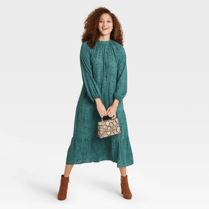 Women's Printed High Neck Long Sleeve Tiered Dress - A New Day Green