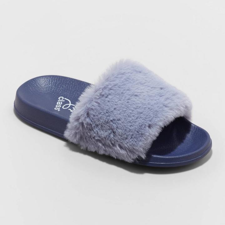 Girls' Aubrianna Single Band Fur Slide Slippers - Art Class Navy Blue