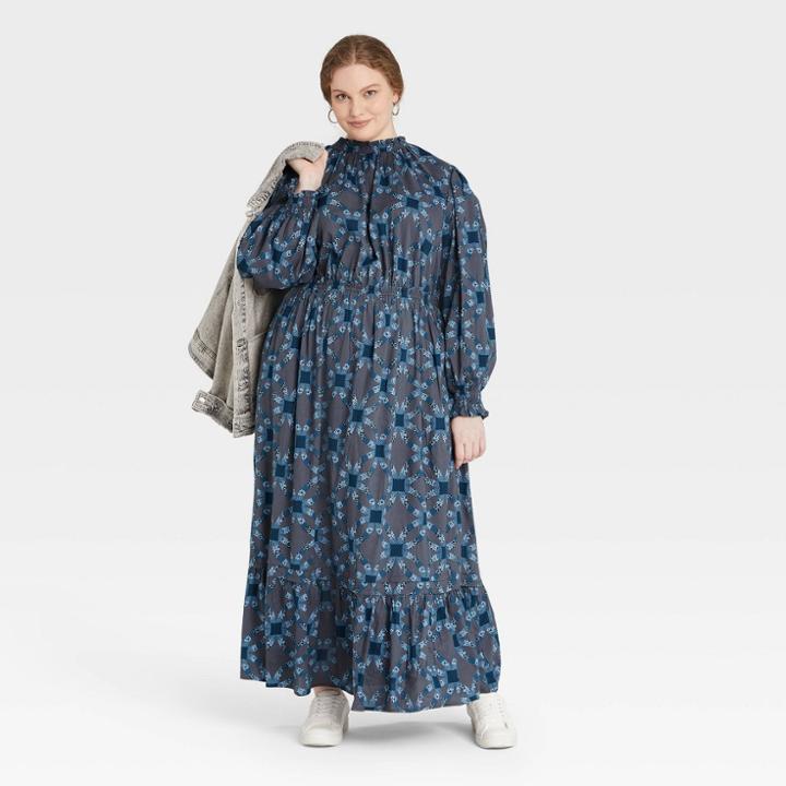 Women's Plus Size Balloon Long Sleeve Dress - Universal Thread Blue Floral