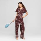 Women's Short Sleeve Tie Front Floral Jumpsuit - Xhilaration Burgundy (red)