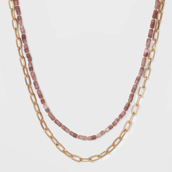 16 & 17 Semi-precious Lepidolite Layered Chain Necklace - Universal Thread Pink