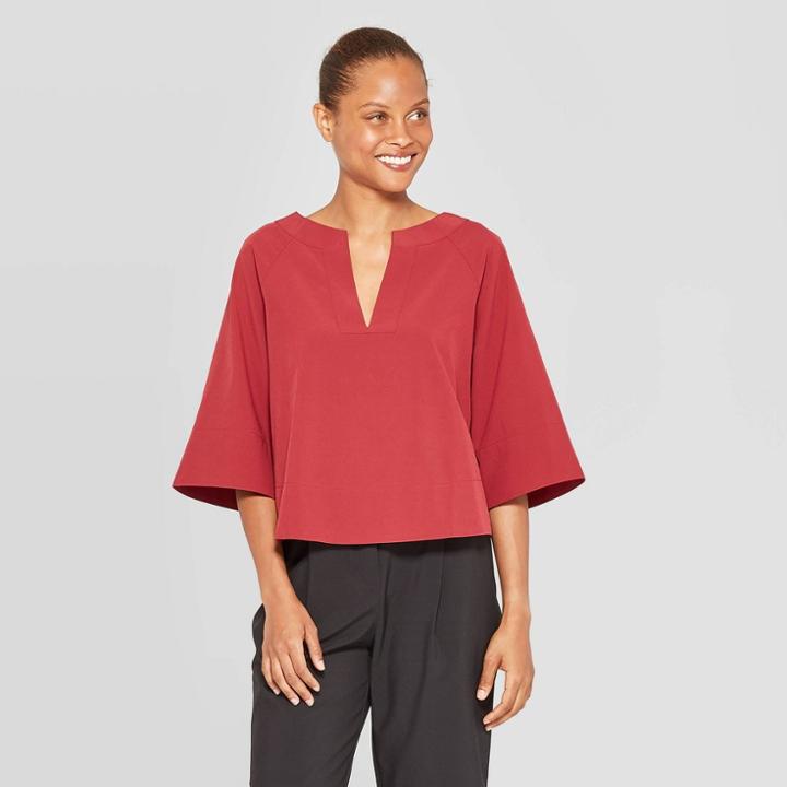 Women's 3/4 Sleeve V-neck Blouse - Prologue Red