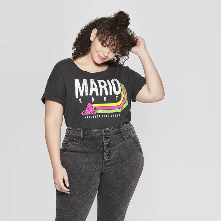 Women's Nintendo Plus Size Short Sleeve Rainbow Champ Mario Kart T-shirt - (juniors') - Black