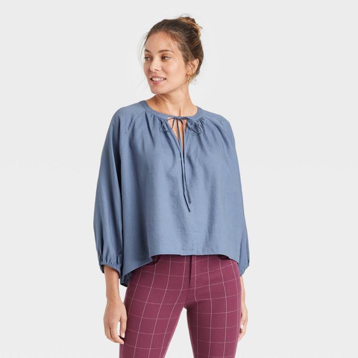 Women's Raglan Long Sleeve Tie-front Top - A New Day Blue
