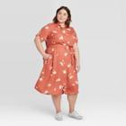 Women's Plus Size Floral Print Short Sleeve Collared Neck Shirtdress - Ava & Viv Coral X, Women's, Beige Red