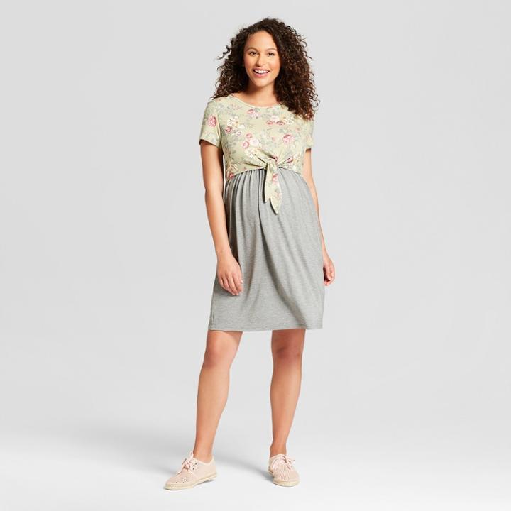 Maternity Floral Print Short Sleeve Tie Front Solid Knit Dress - Macherie Sage Xl, Women's, Green