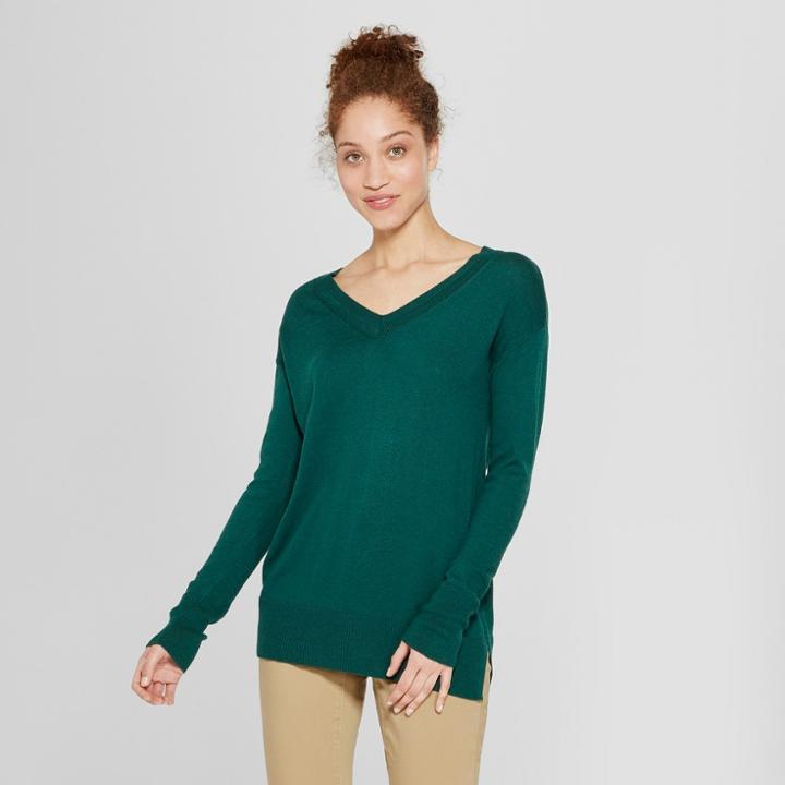 Women's V-neck Luxe Pullover - A New Day Green